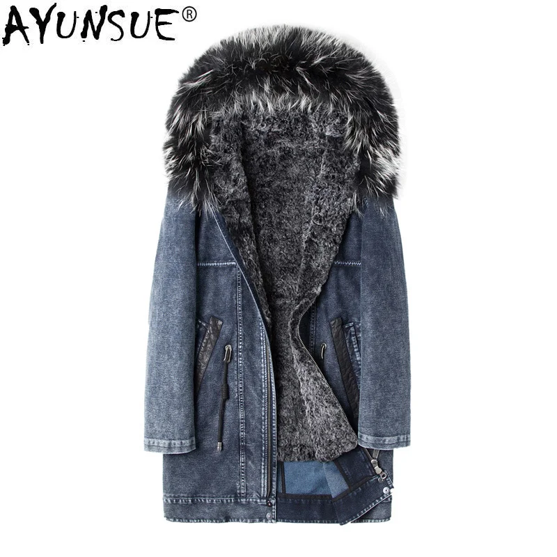 

Winter Jacket Men Parka Real Rex Rabbit Fur Coat Fox Collar Long Denim Jackets New Blouson Homme Hiver 85859 KJ1555