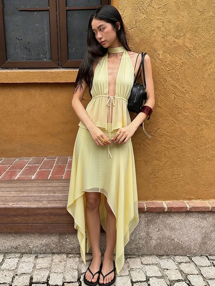 

Kliou Y2K Style 2 Piece Set Woman Summer Trend Lace-Up Low-Neck Backless Tank Tops+Irregular Long Skirts Ruched Elegant Suits