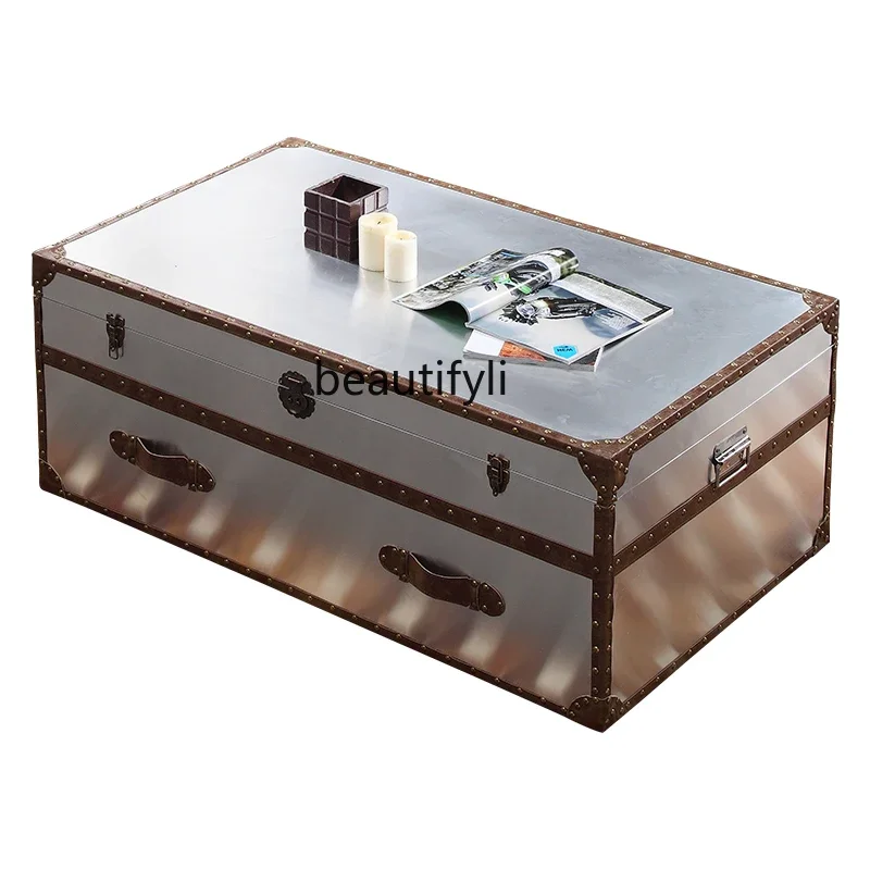 

Esmt163 Retro loft sofa coffee table rivet suitcase space aluminum leather industrial wind container meeting living room coffee