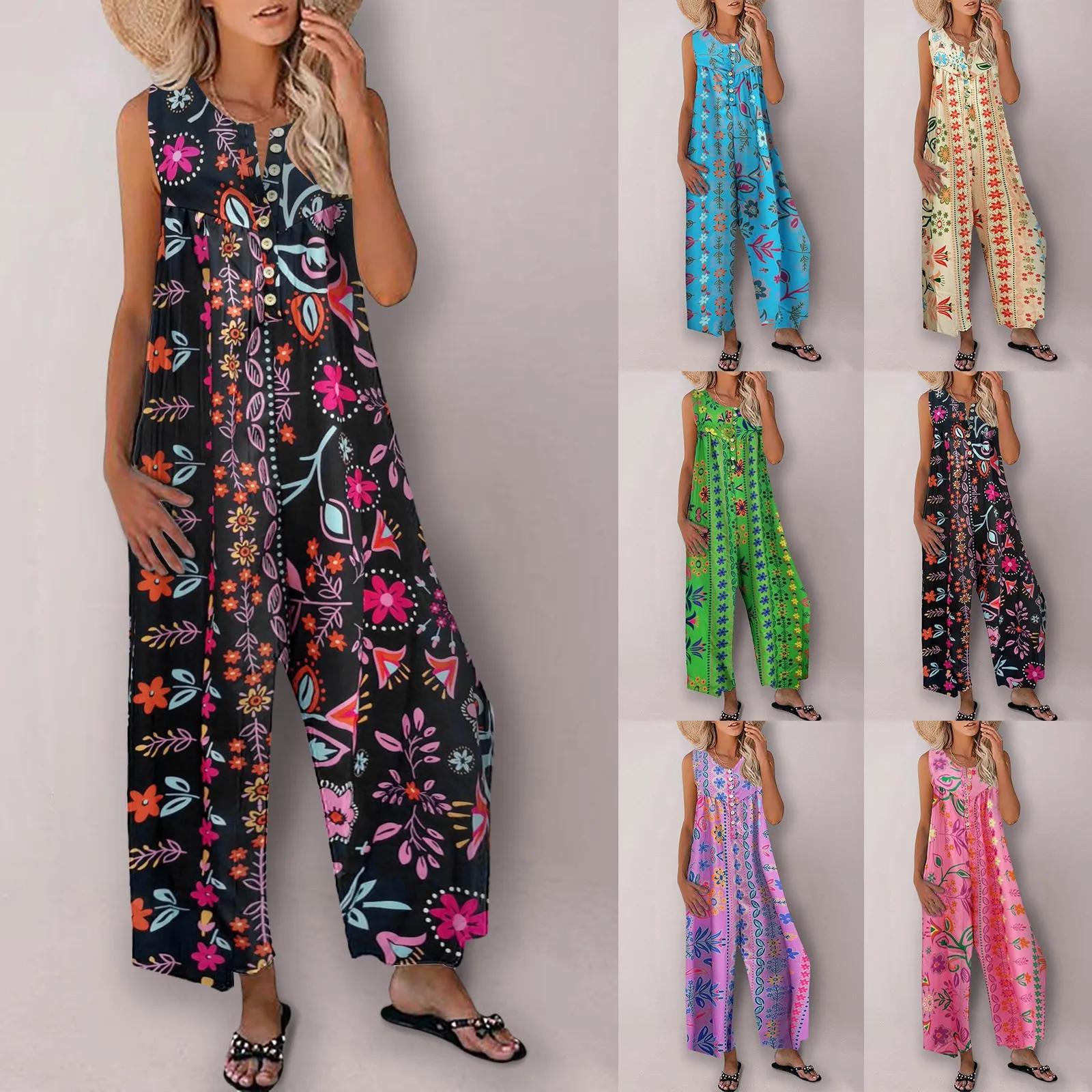 

Bohemia Floral Print Long Jumpsuit V-neck Sleeveless Buttons Half Placket Pockets Wide Leg Casual Playsuit Summer Streetwear