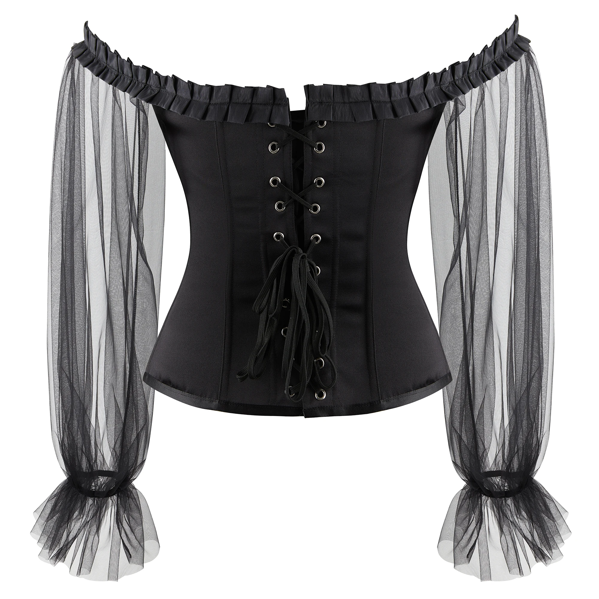 sexy black corset top waist trainer gothic corsets and bustiers women overbust corset blouse off shoulder Long puff sleeve