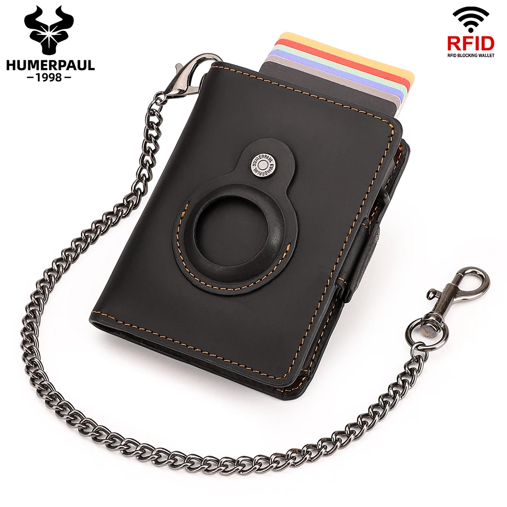 

Free Engraving Pop-up Card Holder Genuine Leather Wallets RFID Blocking Metal Cardholder Coin Purse with Apple AirTag Case