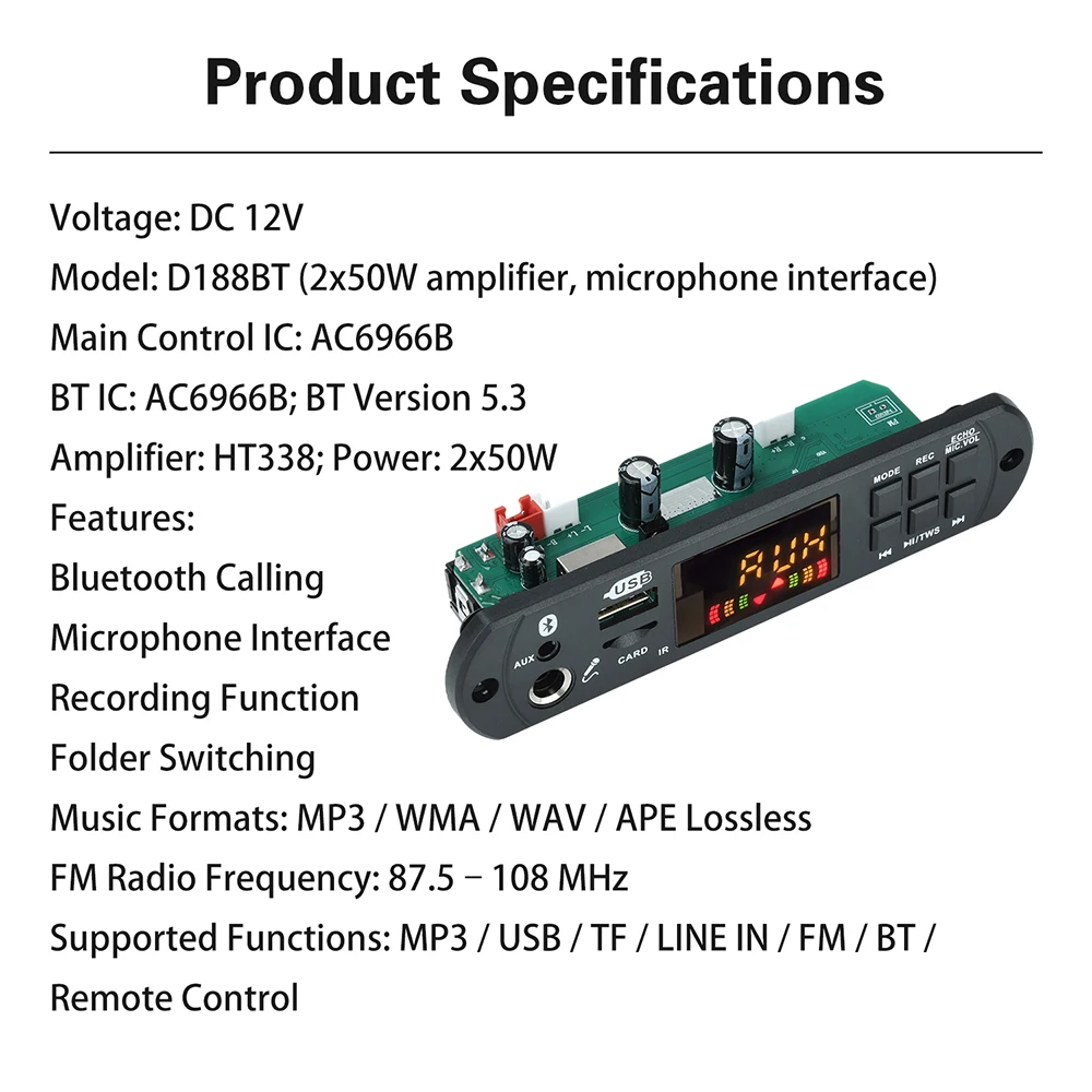 DC 12V MP3 Bluetooth Decoding Board Car Audio MP3 Decoder With 2X50W Amplifier MP3/WMA/WAV/APE Decode Board 87.5-108MHz FM Radio