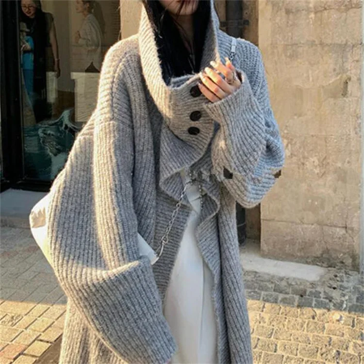 

Women Turn-down Collar Loose Coat Autumn Winter 2025 New Fashion Stretch Sweater Loose Knitted Outerwear E11170