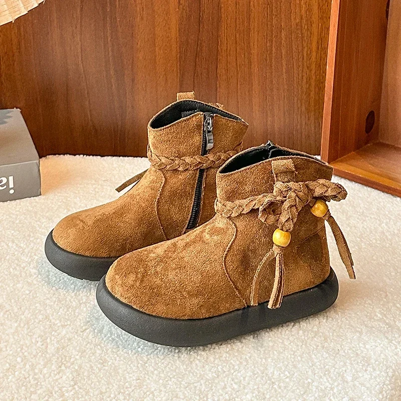 Girls Ankle Boots Versatile Fashion Kids Princess Boots with Side Zipper 2025 Autumn Winter Children Short Boots Sweet Tassels
