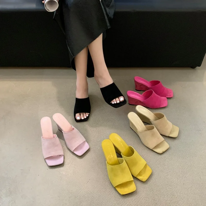 

2025 New Arrival Summer Square Heels Slippers Sexy Street Woman Party Square Toe Dress Slides Shoes