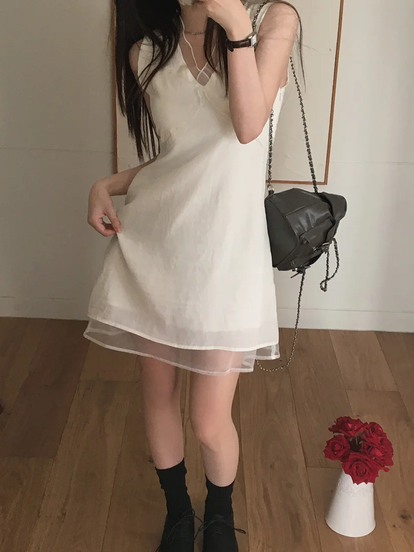 White V-ne Splice Dr Women's Chic Summer New Sle Ele Skirt Faion High-ade Feeling Vest Dr Korean Sle Loos...