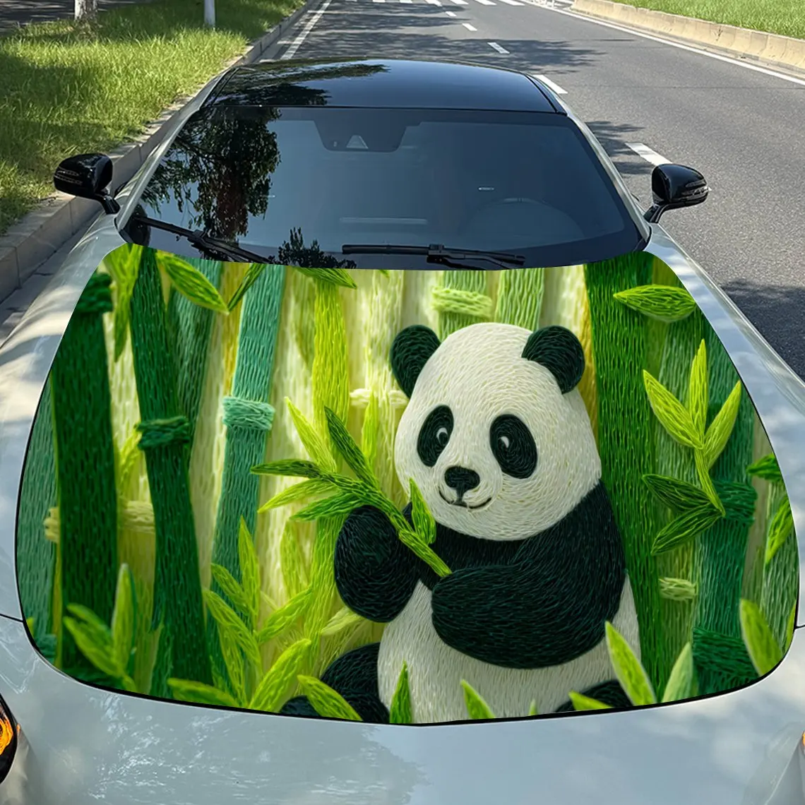Artistic Panda in a Bamboo Setting PVC Car Engine Hood Vinyl Wraps, Self-Adhesive Waterproof Car Hood Decal Sticker, Car Decorat