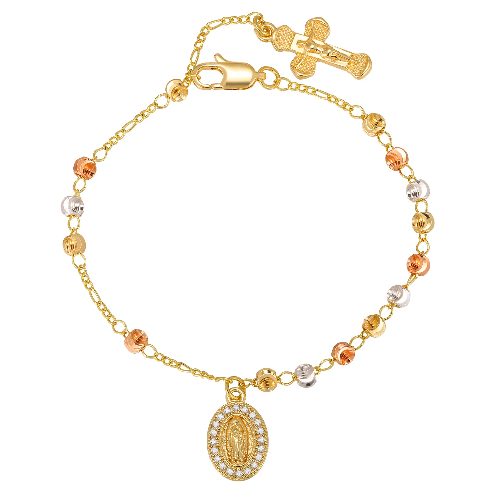 Luxury Retro Virgin Mary Tri-color Bead Cross Bracelet for Women,  Adjustable Chain Jesus Pendant Bracelet, Religious Jewelry