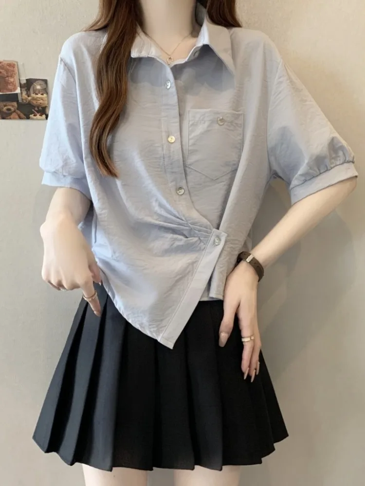 

Unique Blue ort Sve irt Women's Summer Clothing plus Size Beautiful Design Casual Sle Loose Fit Collar Top