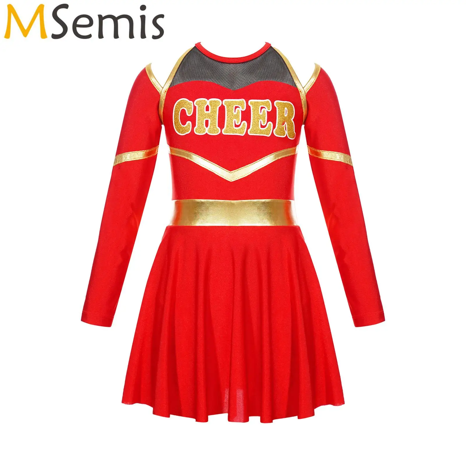 Kids Girls Cheerleading Uniform Cheer Dance Costume Ballet Latin Dance Outfits Letter Print Long Sleeve Ballet Leotard Dress