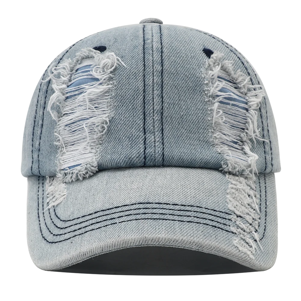 2024 New Solid Color Ripped Baseball Cap Washed Denim Snapabck Hat Hip Hop Breathable Streetwear Distressed Hats for Women Men