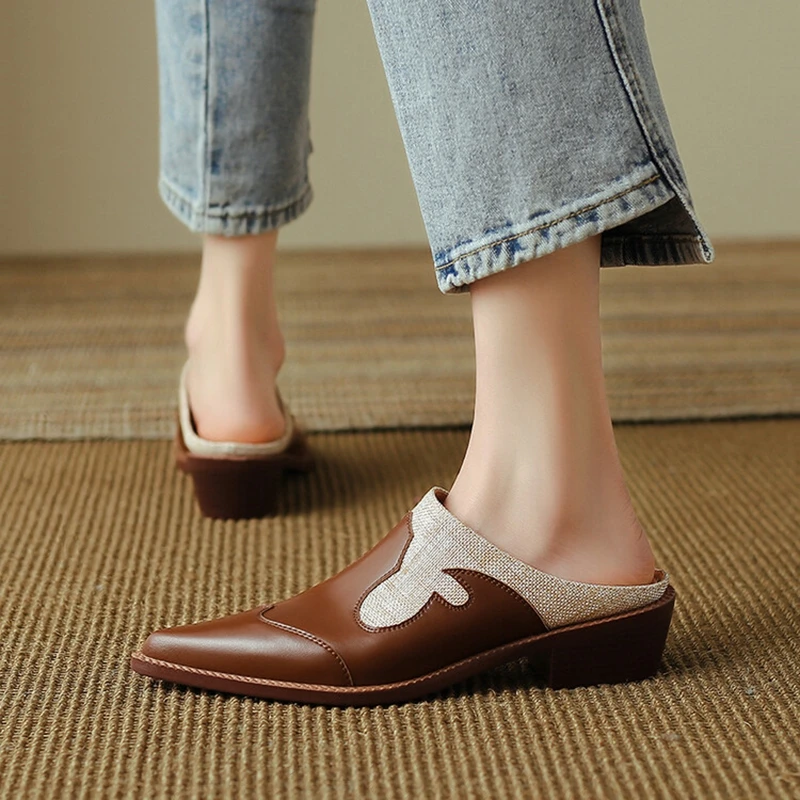 Summer Shoes Women Covered Toe Women Slippers Chunky Heel Mules Split Leather Shoes for Women Slingback Sandals Handmade Shoes