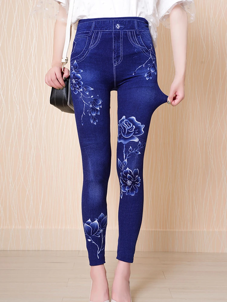 Elegante Dames Jeggings Blauwe Valse Jeans Met Bloemenprint Leggings Hoge Taille Dames Stretchy Casual Kleding Kokerbroek