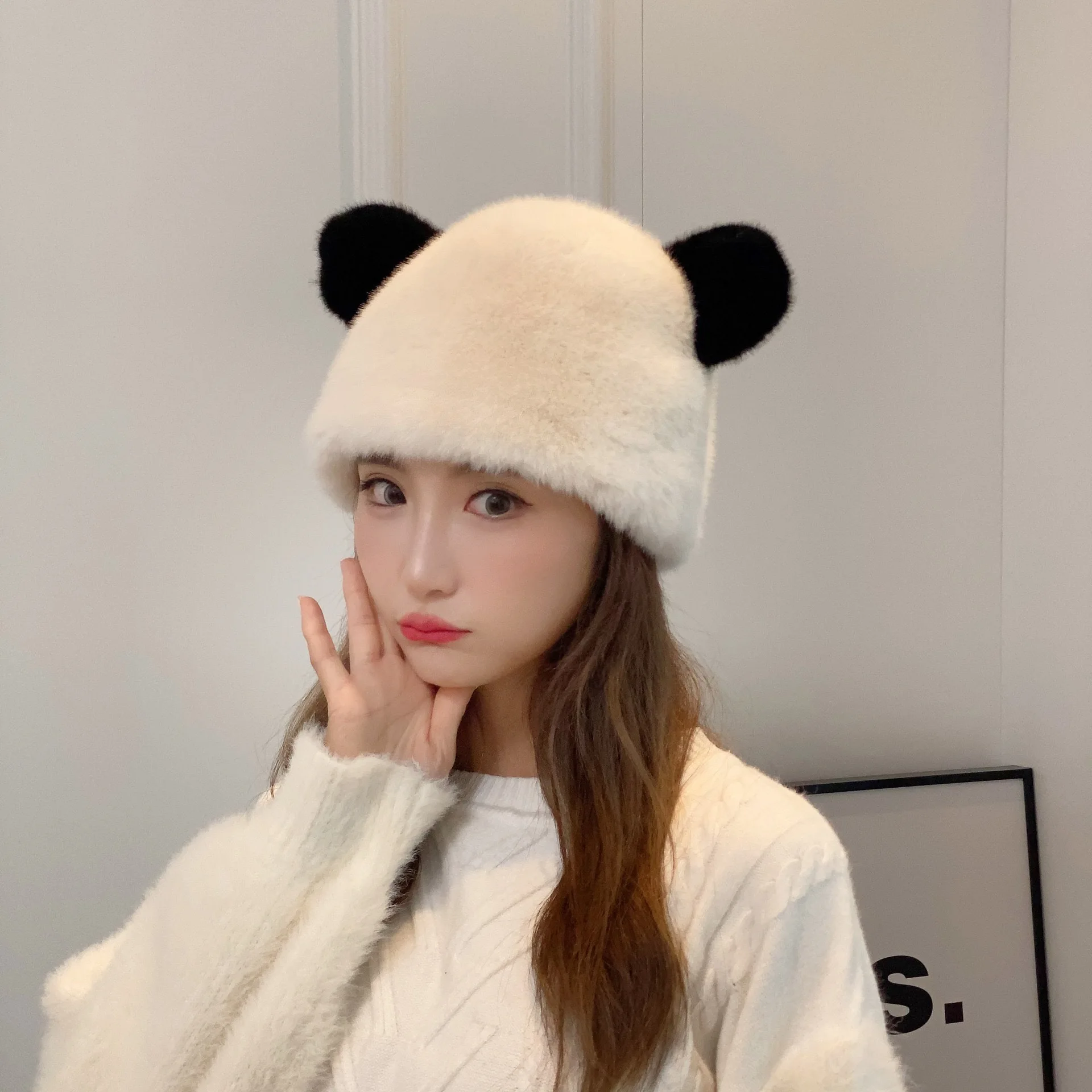 

Beanie Hat Cap women's Autumn Winter Plush Ears Bear Caps Big Head Imitation Fur Warm Hats Show Face Small Ear Protection Hat