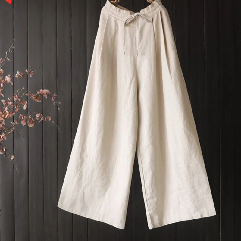 Cotton Lacing Wide Leg Pants Ladies Summer Casual Solid Color Elastic Waist Trousers Oversized Vintage All-match Loose Pants