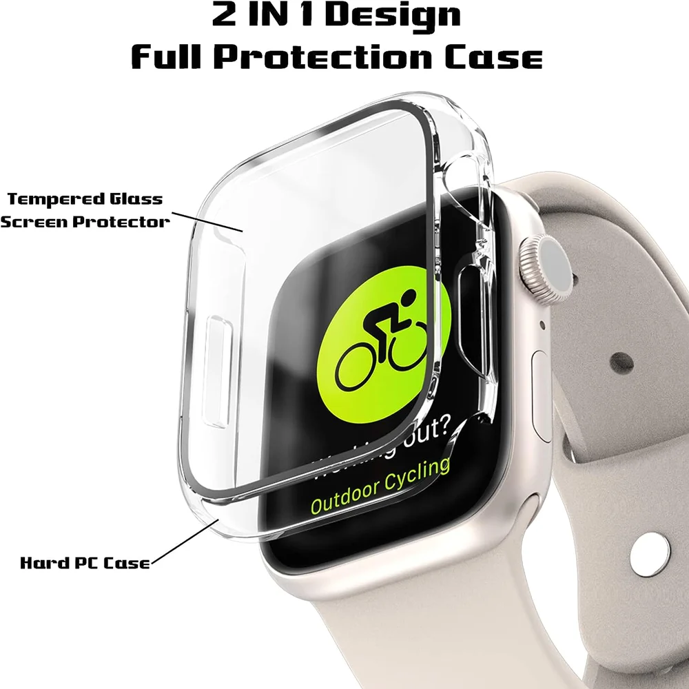 Tempered Glass+cover For Apple Watch 9 8 7 41mm 45mm 42mm 38mm PC bumper Screen Protector Case iWatch series 6 5 4 se 44mm 40mm