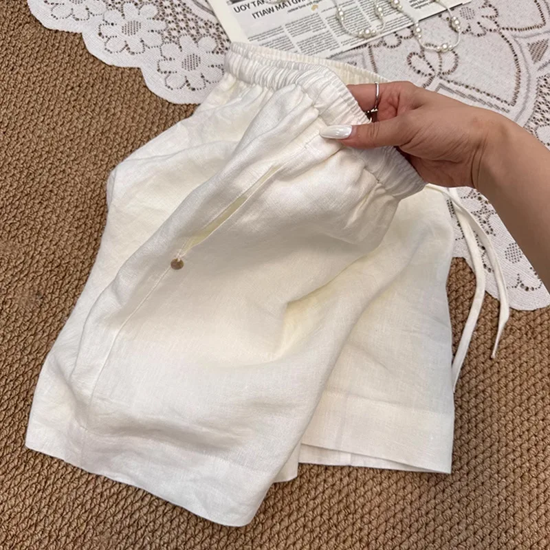Casual Solid Drawstring Shorts Women Summer New Leisure Wide Leg Pants A-Line Pants Comfortable Breathable High Waist