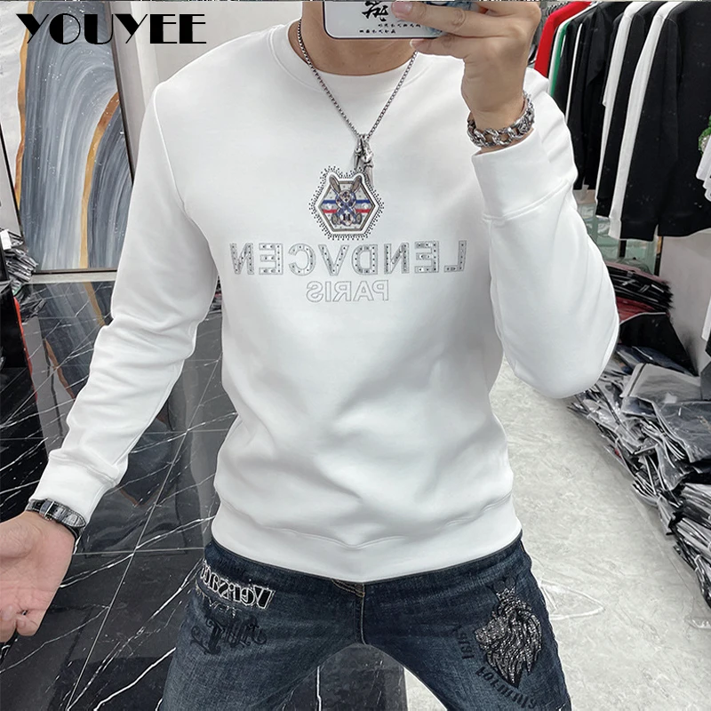 Men\'s Slim Hoodies Rabbit Print Hot Diamond Male Sweatershirts Casual Round Neck White Pullover Autumn Winter New Man Clothing