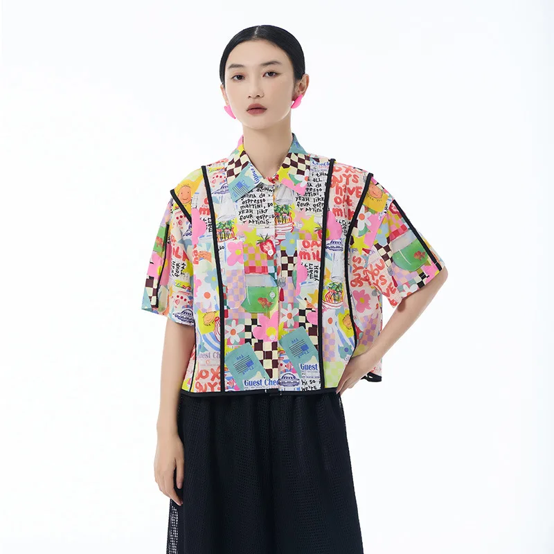 

Retro printed short sleeved shirt for women, vacation style 2025 summer new loose and niche design, simple casual top