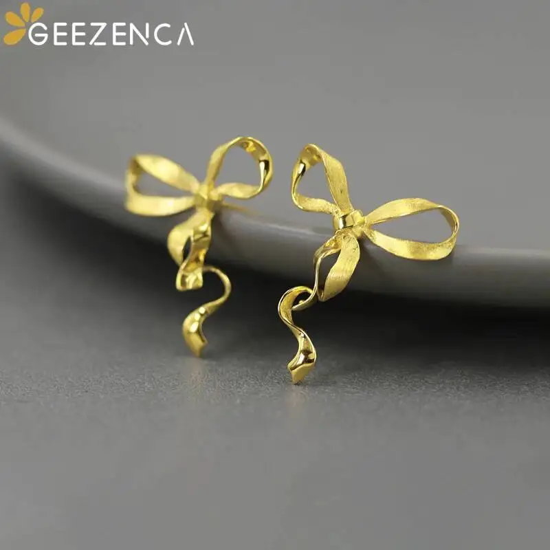 

GEEZENCA 925 Sterling Silver 3D Bowknot Earrings For Women Original Design French Chic Dancing Silk Ribbon Earring 2023 New Gift