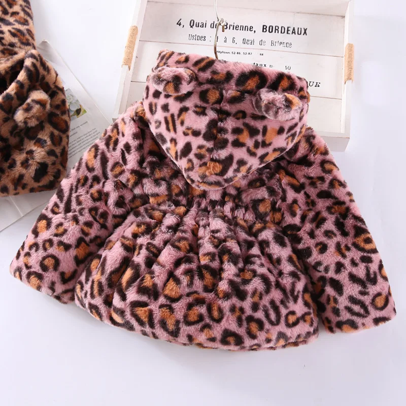 Autunno inverno peluche neonate giacca moda stampa leopardo caldo cappotto di pelliccia sintetica per ragazze capispalla con cappuccio 2-8 anni