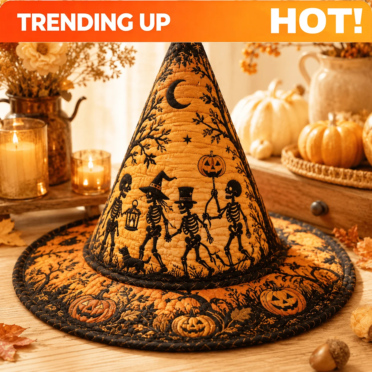Customization Skeletal Parade, Pumpkin Lanterns & Warm Amber Shadow Art, Distinctive Witch Hat Shape, Quilted Fabric Texture, Co