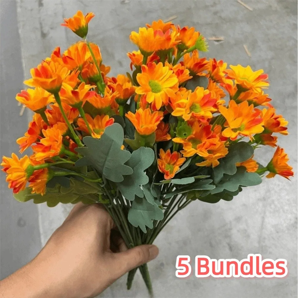 5개 묶음 고충실도 그라데이션 인공 데이지 부케 구부릴 수 있는 줄기 방수 21송이 모조 꽃 생생한 석양색
