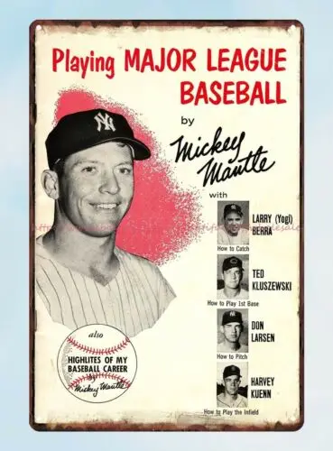 1957 Mickey Mantle Playing Baseball Booklet tin sign collectible