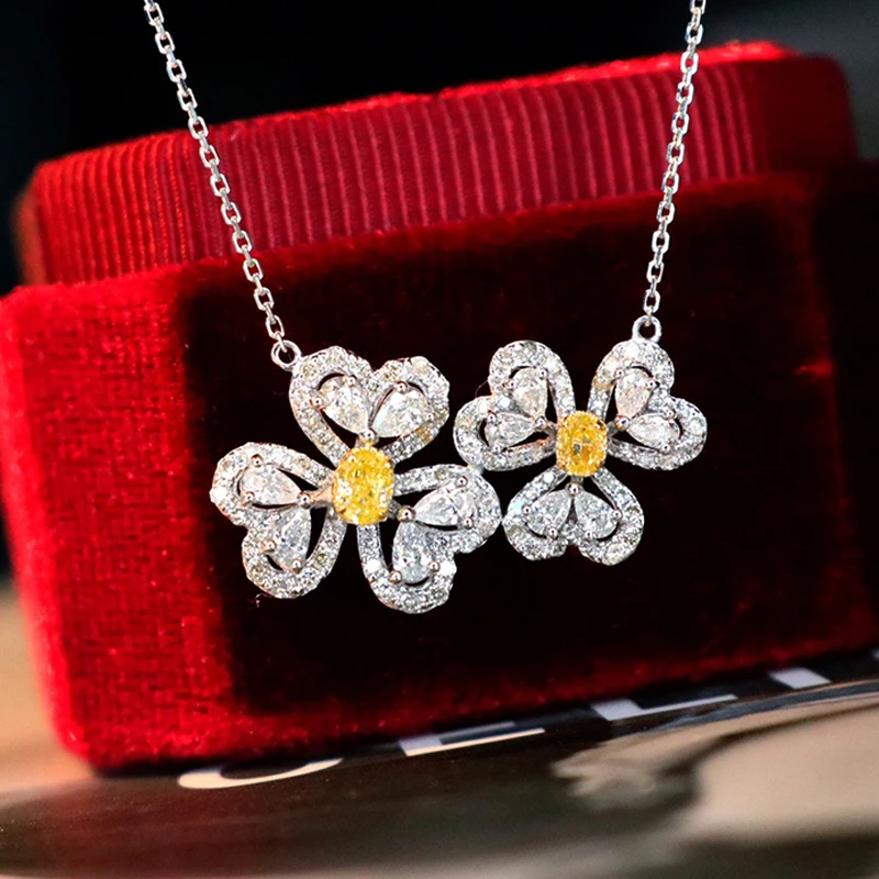 KUGG 100% 18K White Gold Necklace Luxury Romantic Style Real Natural Yellow Diamond Necklace for Women High Party Jewelry