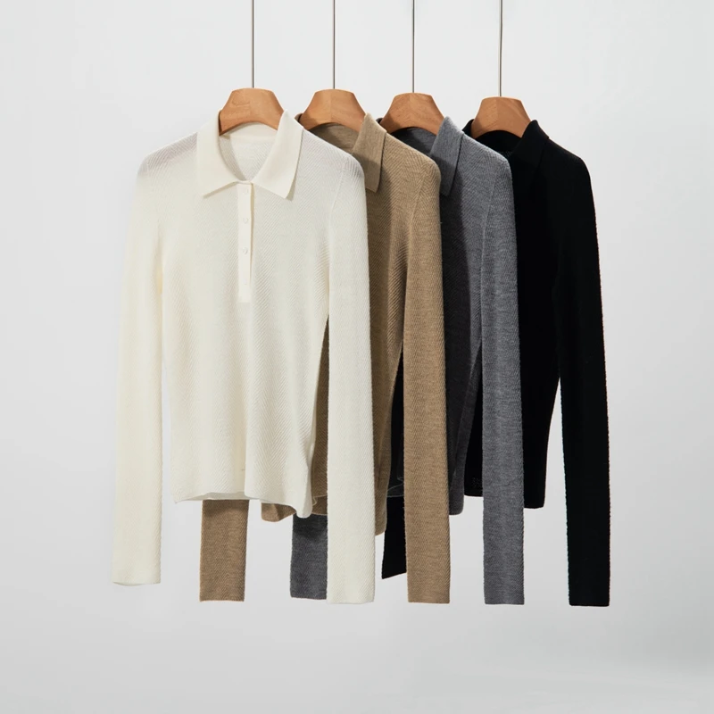 

Women Polo Collar Slim Pullover Fine Wool Sweater Spring Autumn fishbone pattern Long Sleeve Shirt 100% Merino Wool Knitwear