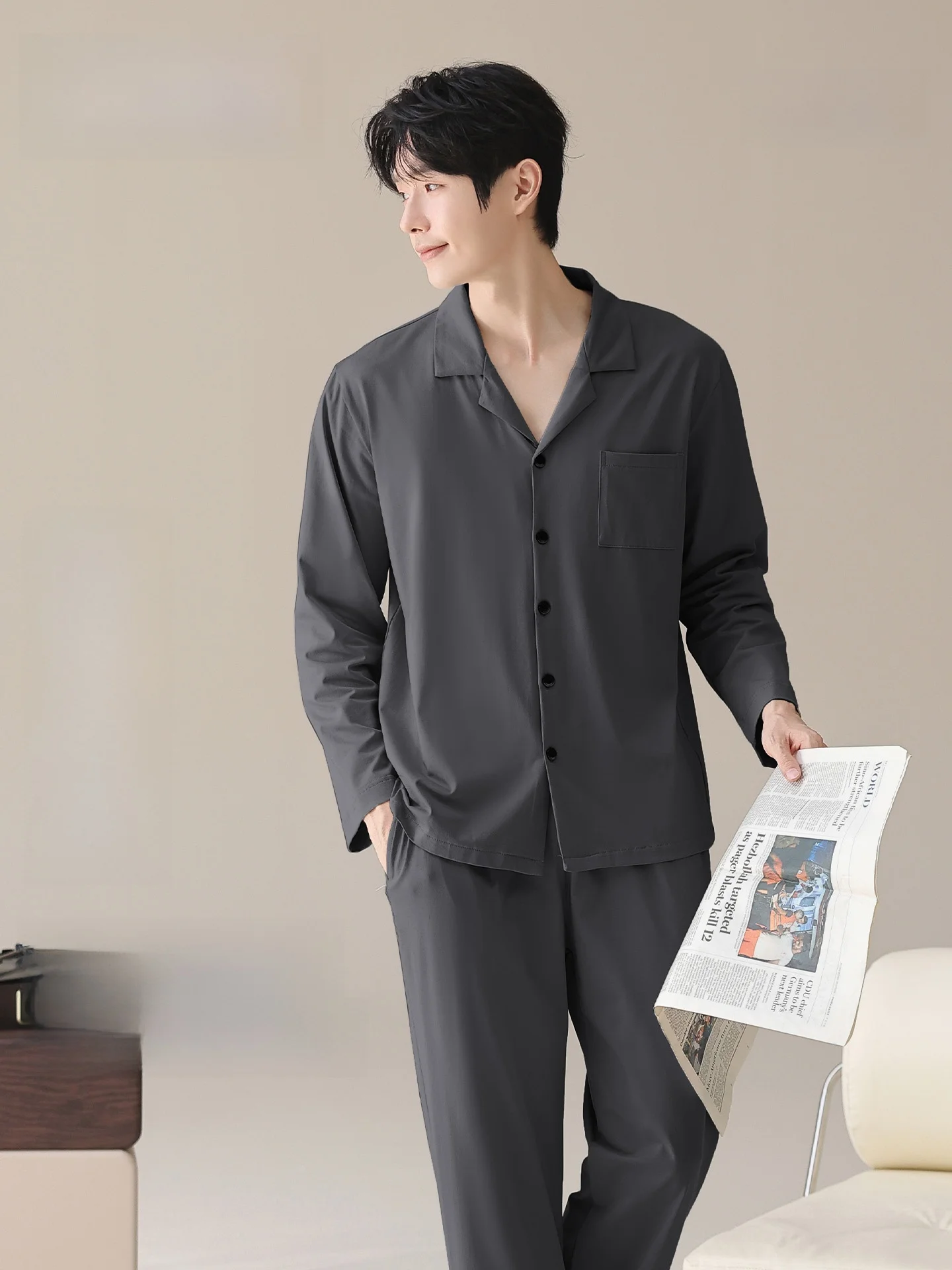 Men's Pure Cotton Sleepwear Long Sleeve Comfortable Home Clothes Spring Autumn Season  Color Soft Knitted Fabric Outfit