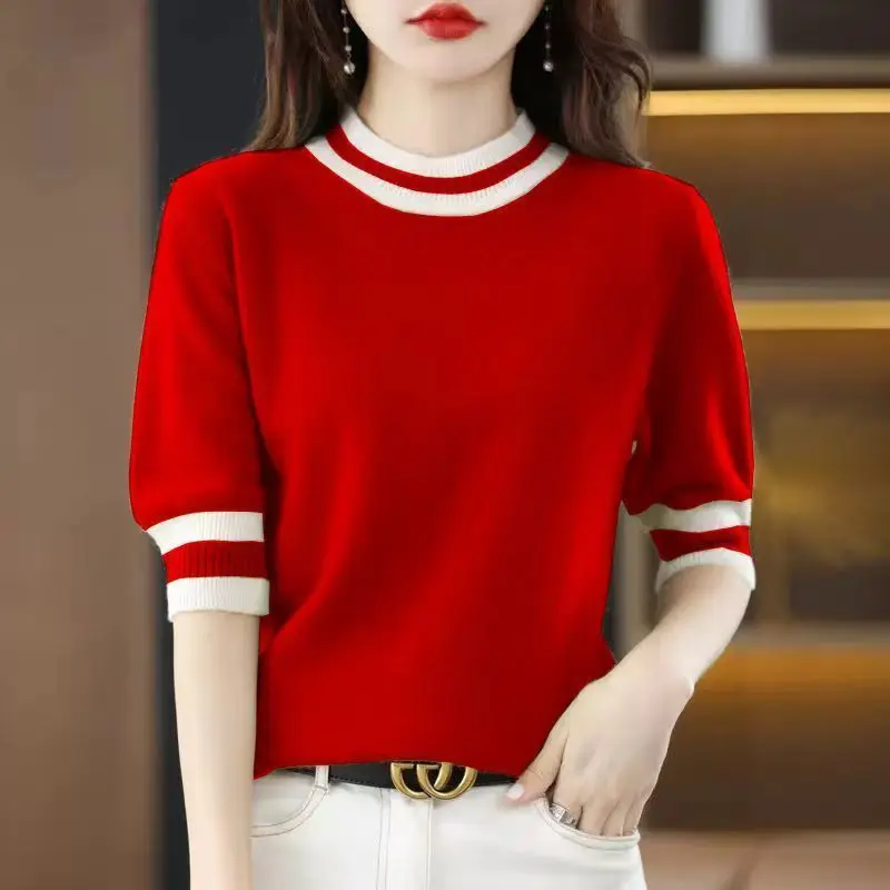 Korean Fashion Women Clothing Half Sleeve Sweaters Spring Summer New O-Neck Contrast Color Knitted Loose All-match Basic Tops