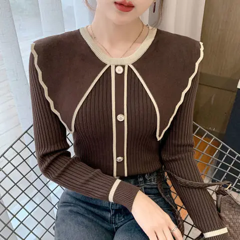 Large Size Women's Knitted Sweater New Color Blocking Pullover Long Sleeved Sweater Loose Slimming Top for Women