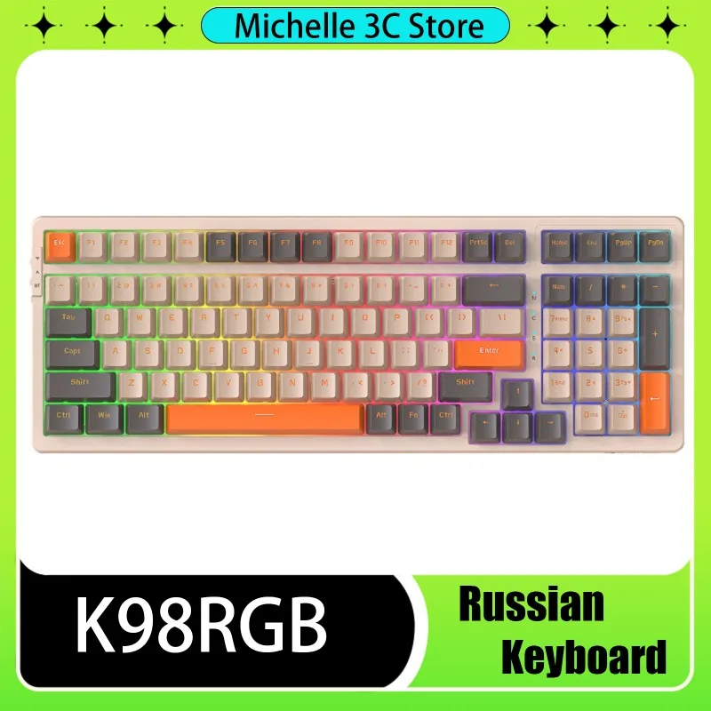 

Трехрежимная механическая клавиатура K98RGB с русской раскладкой и возможностью горячей замены, водонепроницаемая игровая клавиатура с тремя устройствами и соединенной клавиатурой