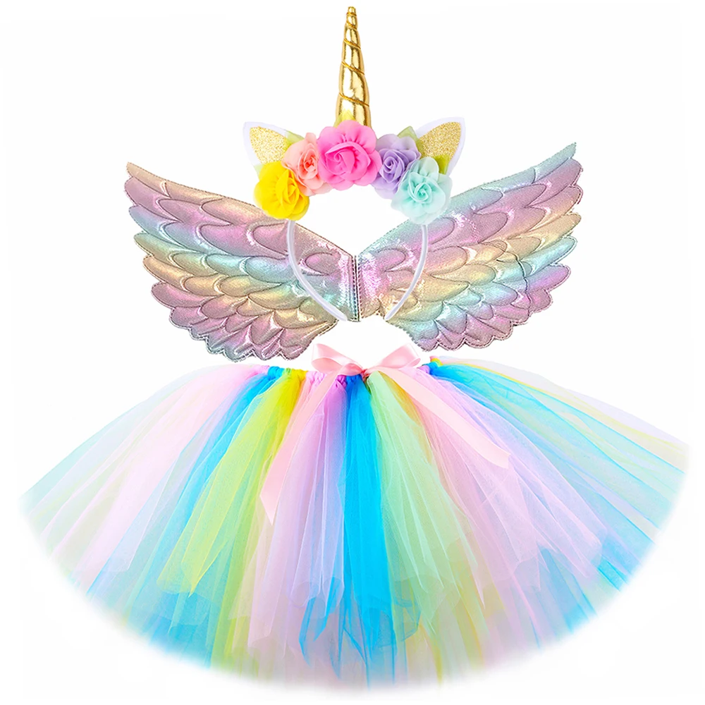 Pastel Unicorn Tutu Skirt Outfit for Girls Birthday Party Costume with Wings Flower Hairbow Kids New Years Carnival Ballet Tutus