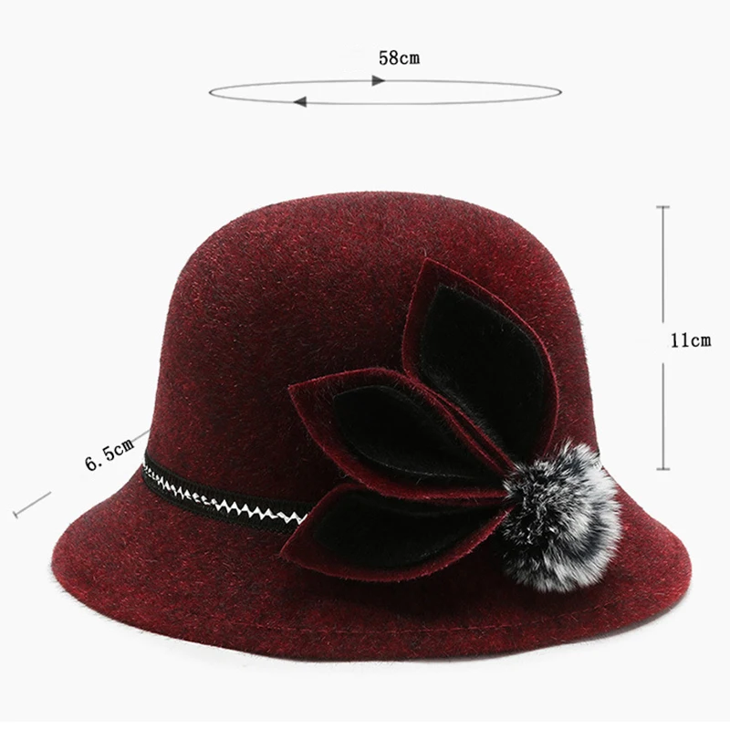 Women's Hat Retro England Warm and Fashionable Basin Hat Woollen Formal Hat Winter Flower Decoration