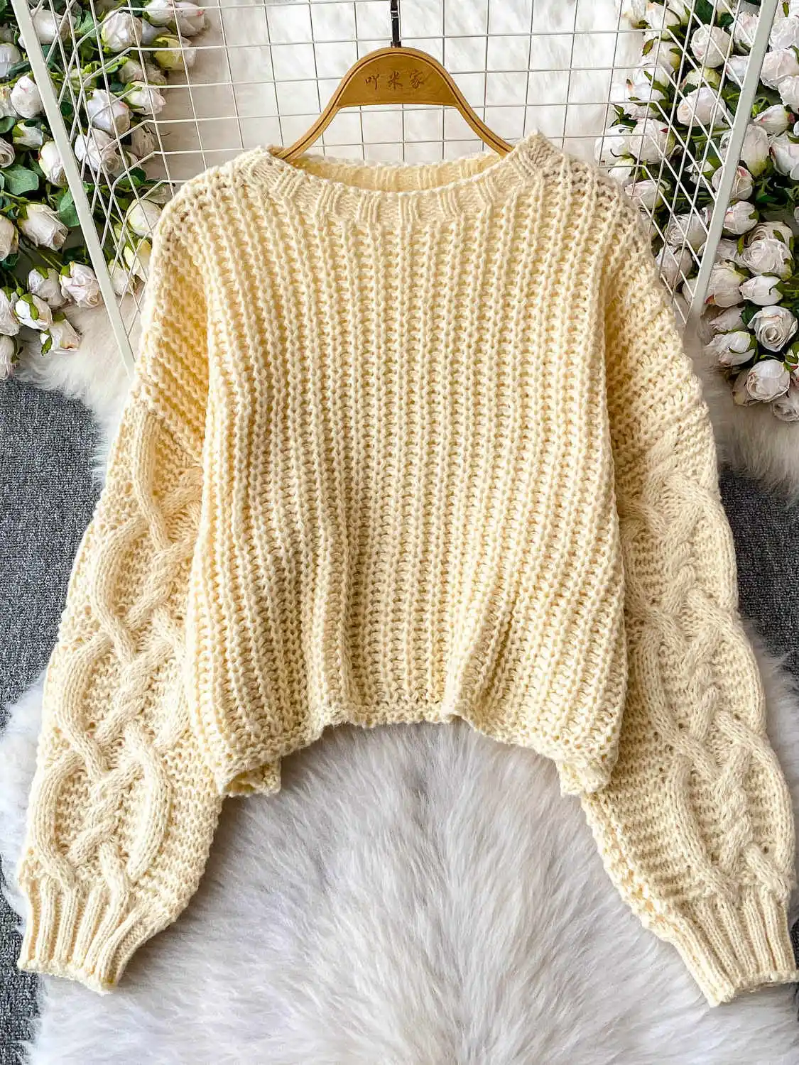 

Women's Light Yellow Pullover Sweater Vintage 2000s Y2k Solid Color Knitwear Long Sleeves O-Neck Sweater Autumn Winter Clothes