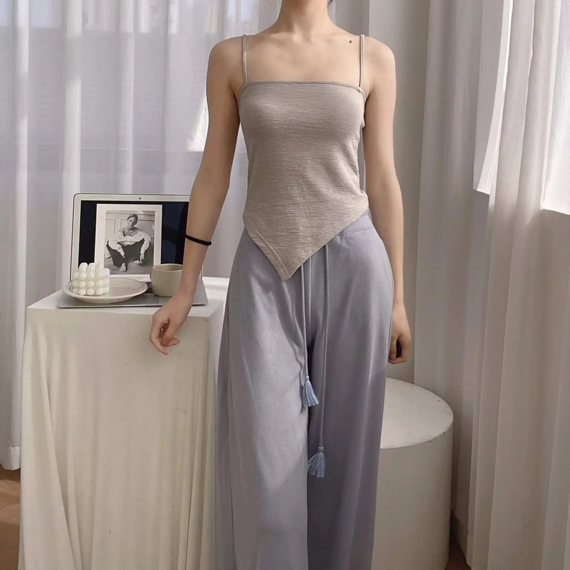 Woman's Vest Cool Summer Pure Color Condole Belt Sling Irregular Hem Cotton Fashion Ladies Tops Dropshipping LXFZDD22601