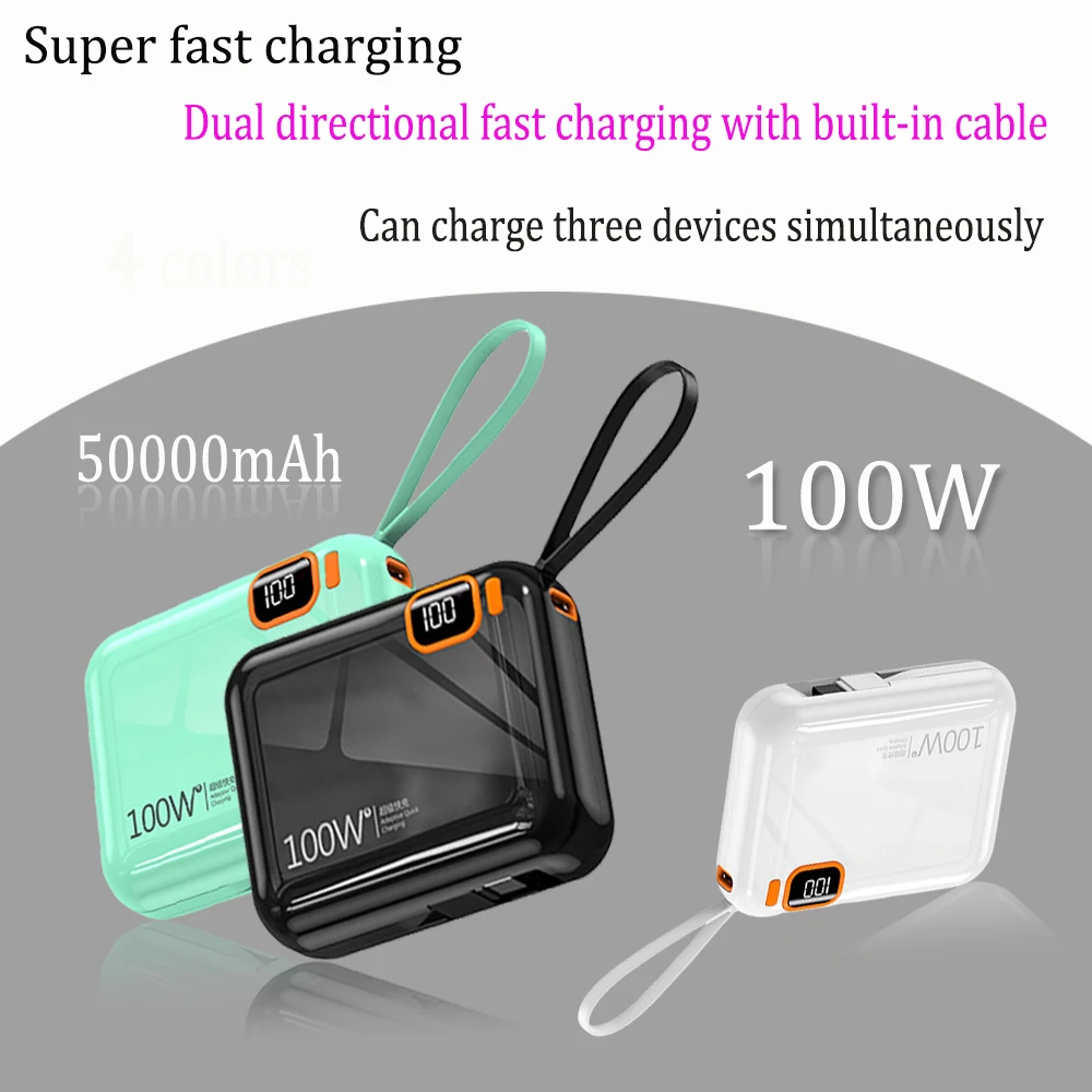 

100W Built-in Fual Line Fast Charging 4-color Mini Pocket Portable Power Bank 50000mAh Mobile Power Supply