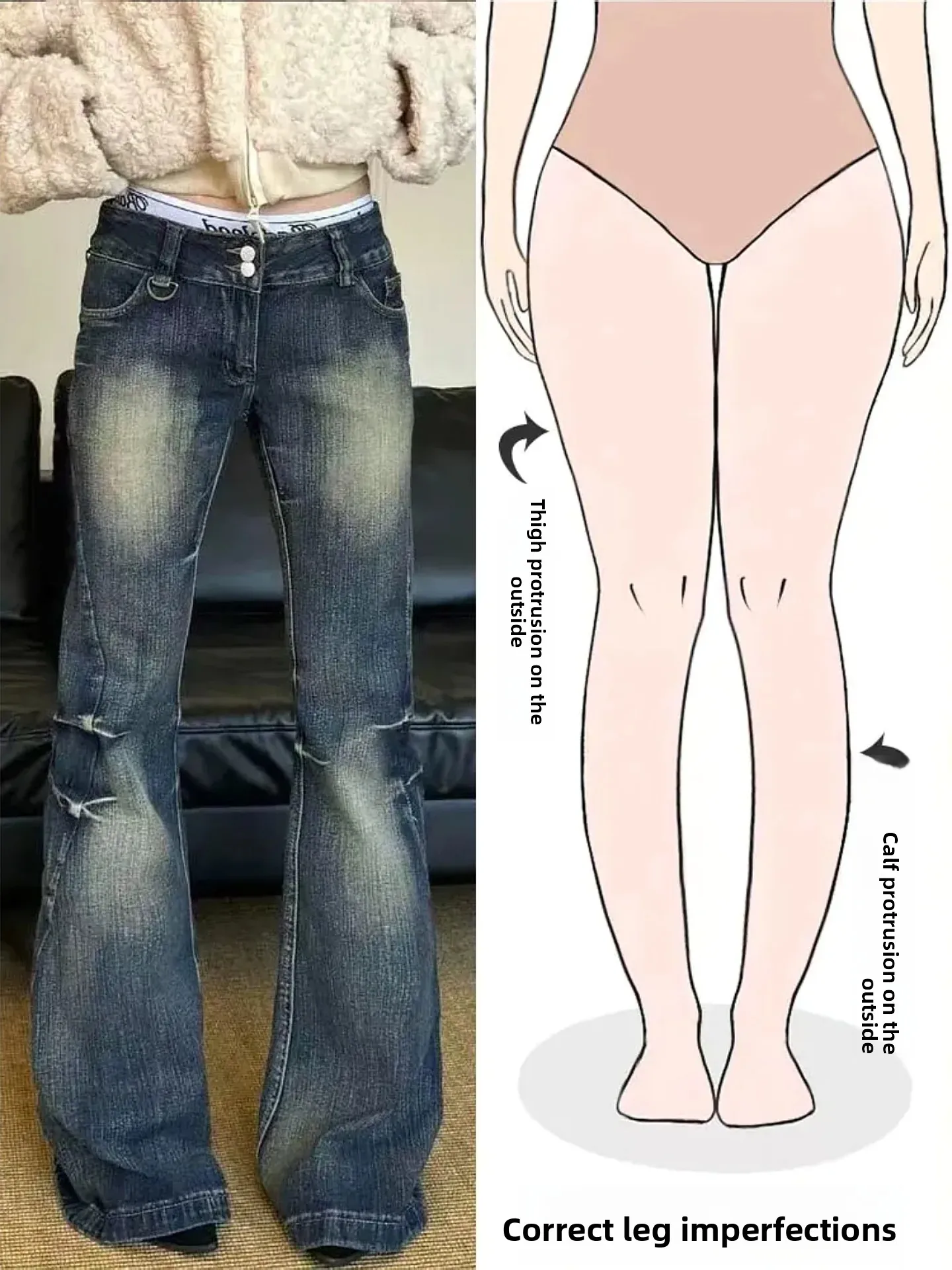 

Ретро джинсы-клеш с эффектом потертости для женщин, осенне-зимние, новые, уличный стиль, с бамбуковым дизайном, длинные брюки, для фигуры типа «груша», свободный крой, на талии с эластичной резинкой