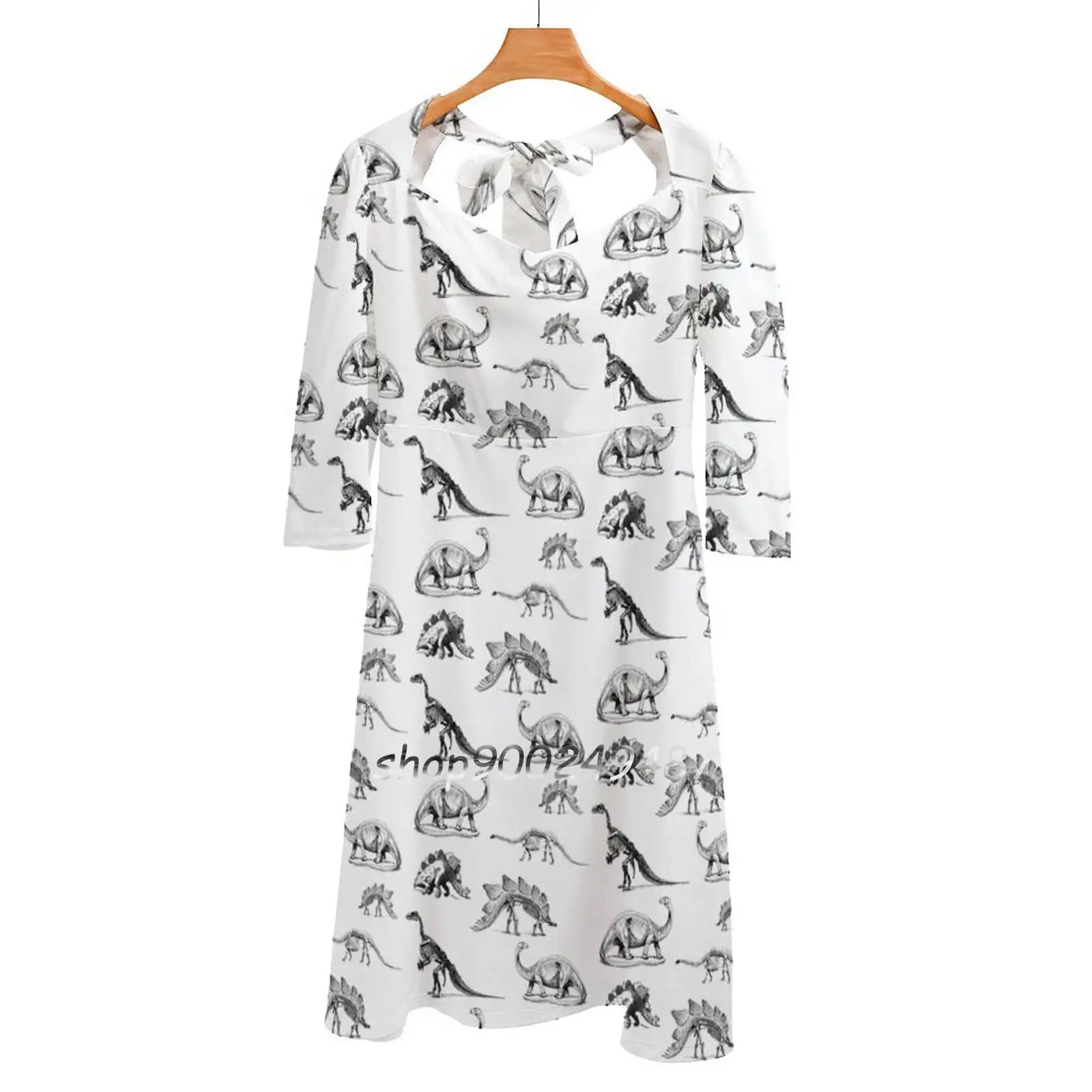 Vintage Museum Dinosaurs | Black And White Sweet Elegant Dress Women Korean Kawaii Square Collar Dress Dinosaur Dino T Rex