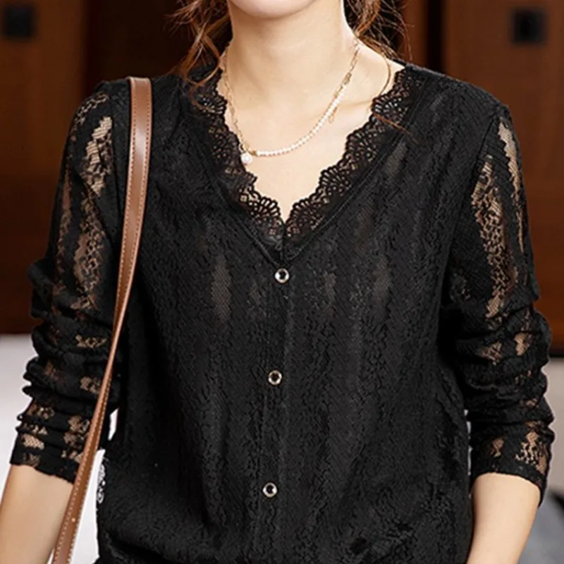 Lace Women\'s 2024 Spring and Autumn Pullover V-neck Patchwork Button Stylish Pure Color Casual Elegant Chiffon Long Sleeved Tops