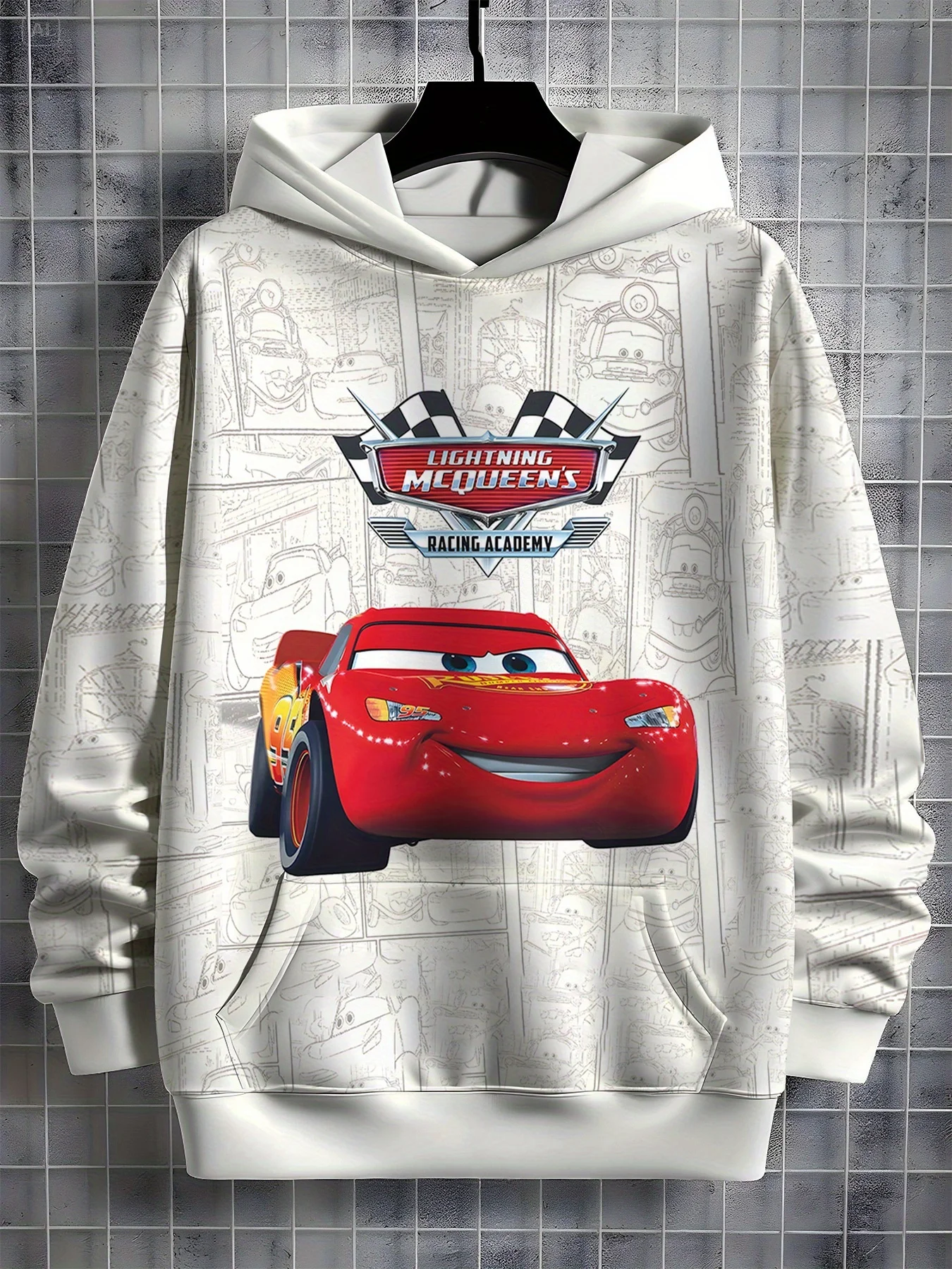 

Lightning McQueen Hoodie - Double-Sided 3D Exquisite Print Design with Pockets Light Gray Cartoon Pattern Long Sleeve Sports