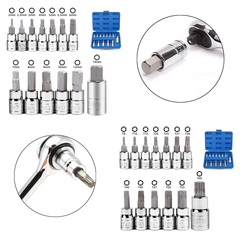 13Pcs Star Torx Hex Bit Socket Set T8-T70 H2-H14,CRV Sockets 1/4inch,3/8inch & 1/2inch Drive For Hand Use Work