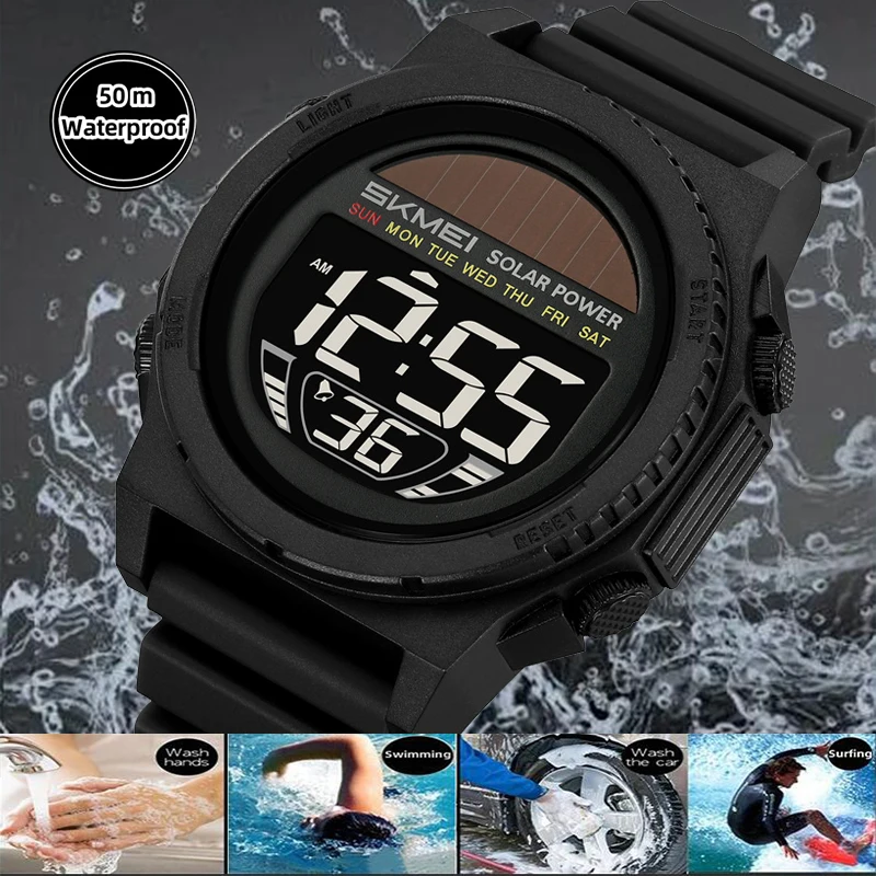 Skmei Solar Energy Digital Watches forMens LED Waterproof Swimming Chronograph TPU Strap Date Week Military Sports Wristwatch view 5