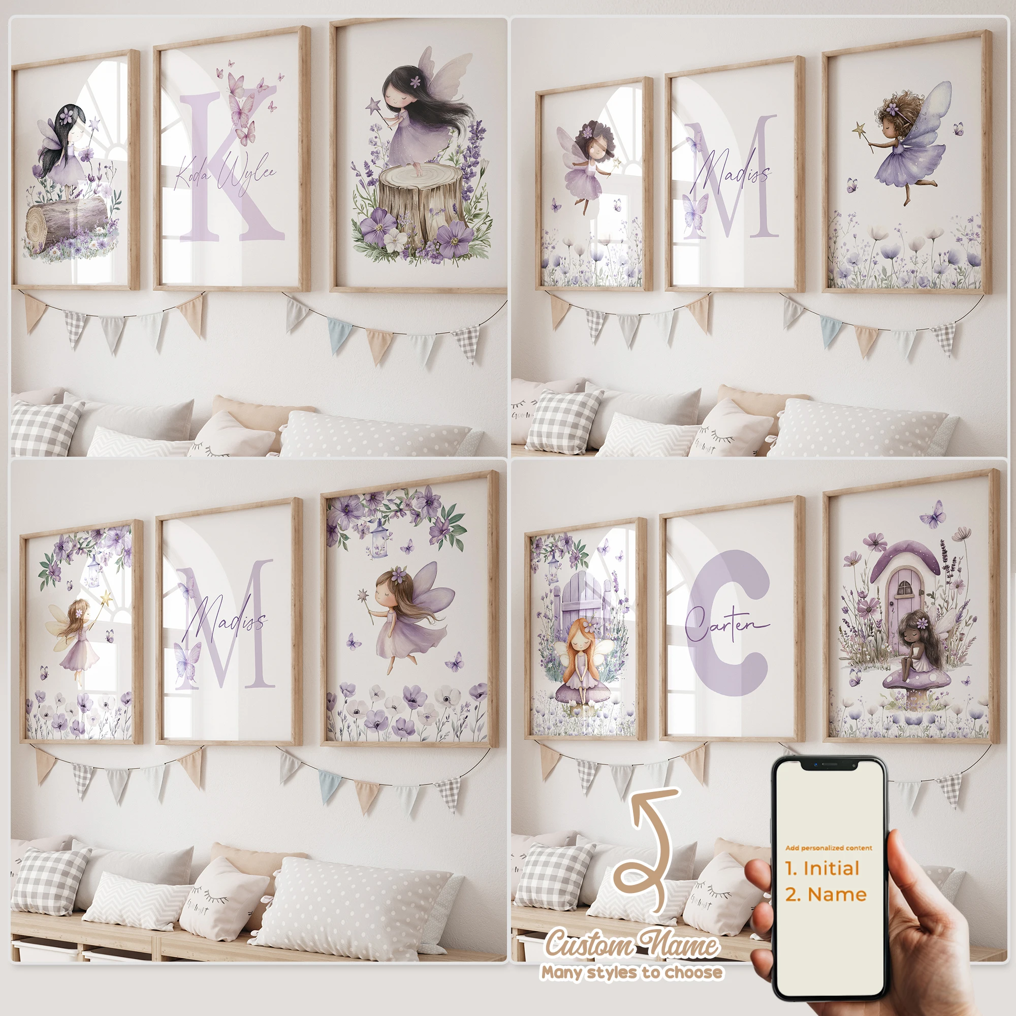 3pcs Personalized Custom Name Cartoon Purple Girl Wall Art Print Picture Canvas Poster Painting For Living Child Room Home Decor