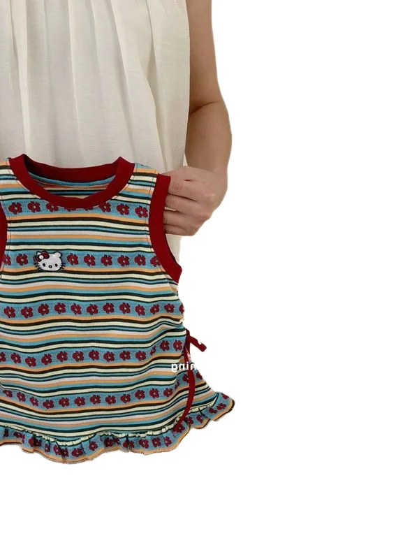 Filles rayure T-shirt Dr Vintage tenue d'été bébé gilet jupe vêtements pour enfants coton vichy Plaid Midi Dr