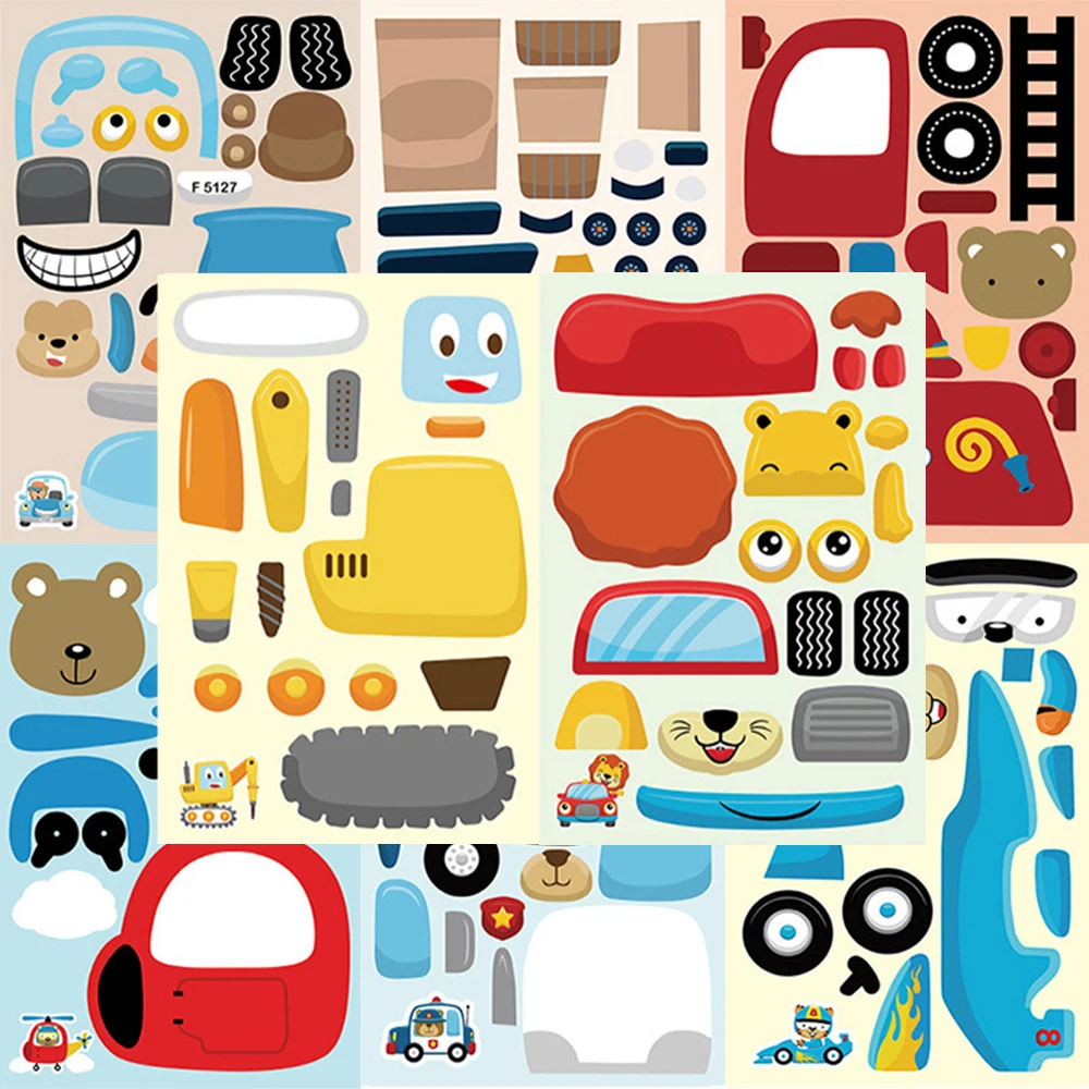 8/16sheets Cartoon Cute Engineering Vehicle Puzzle Stickers Funny Make a Face DIY Assemble Truck Jigsaw Toy Party Decoration Toy