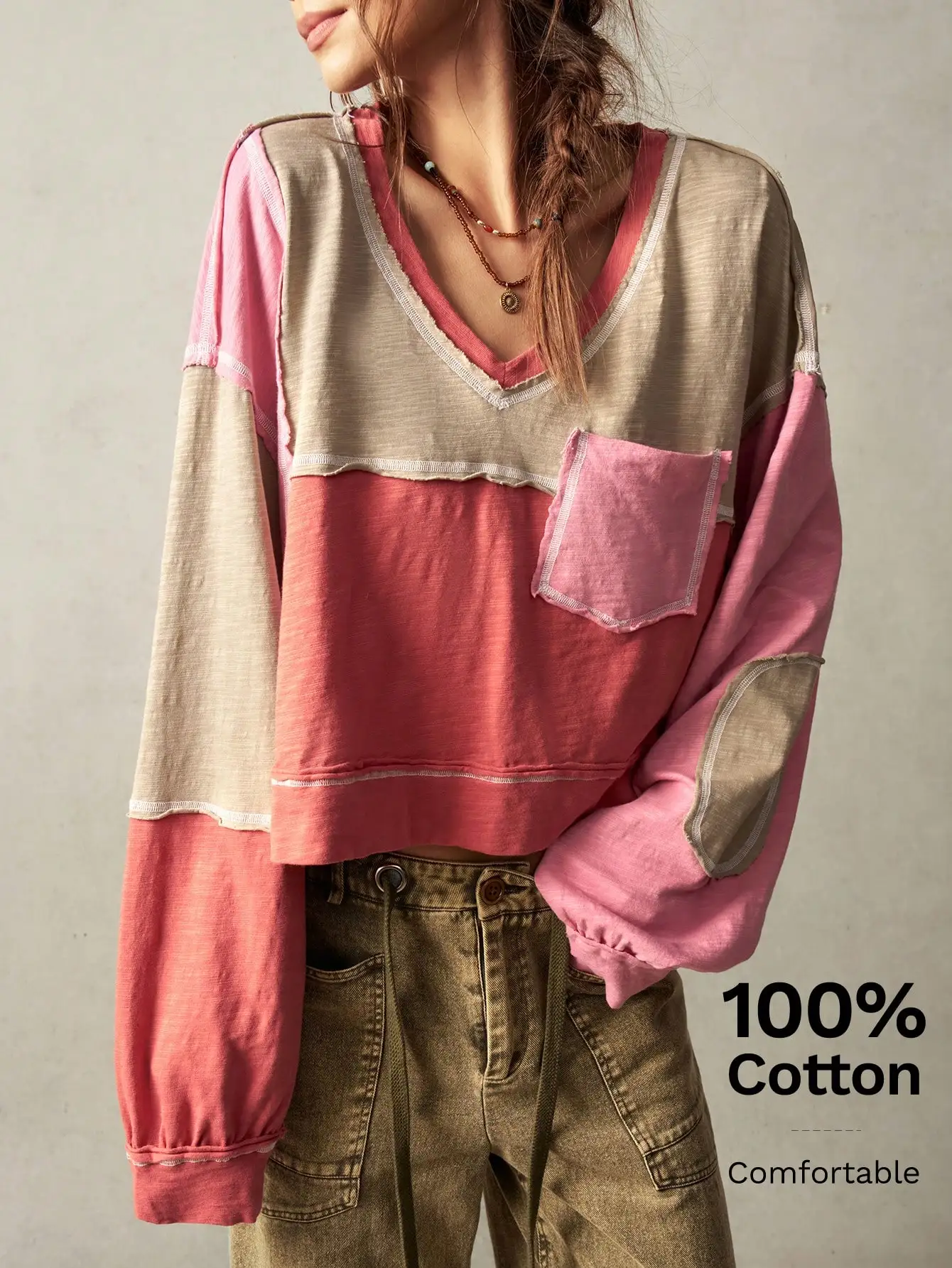 Pink Red Colorblock V-Neck Sweatshirt, Long Sleeve Knit Loose, Autumn Going Out Casual Top for Women